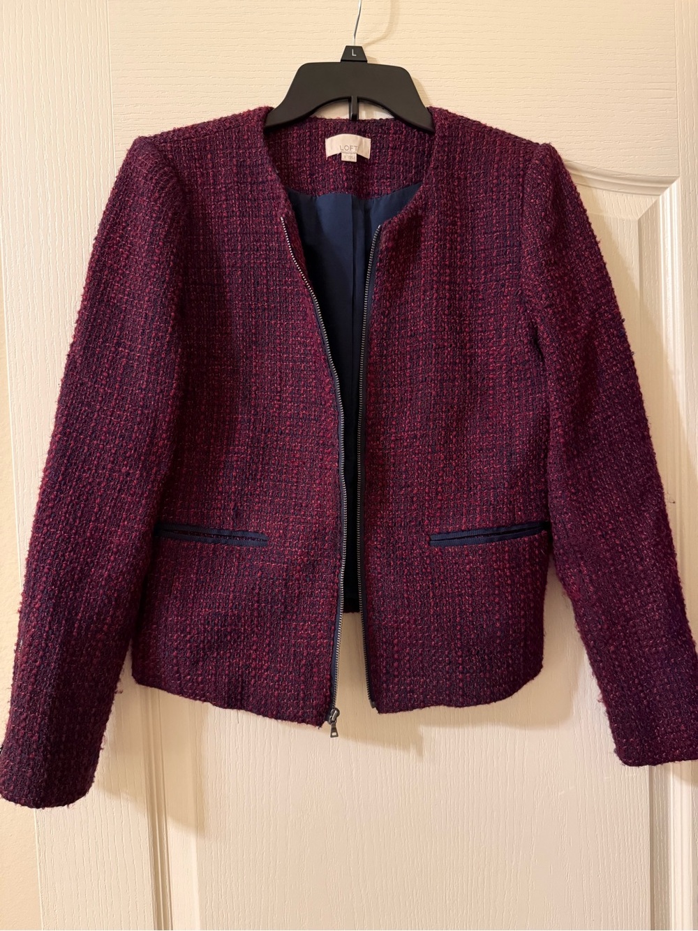 LOFT Tweed Zip-Front Jacket with Navy Trim